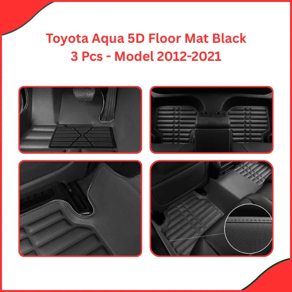 Toyota Aqua 5D Custom Floor Mats – Black 3-Piece Set (2012–2021) -High Quality
