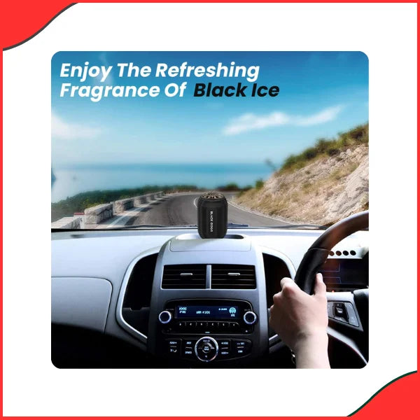 BLACK ODOR BO-8 air freshener placed inside a car interior, demonstrating the powerful and long-lasting Black Ice fragrance effect.