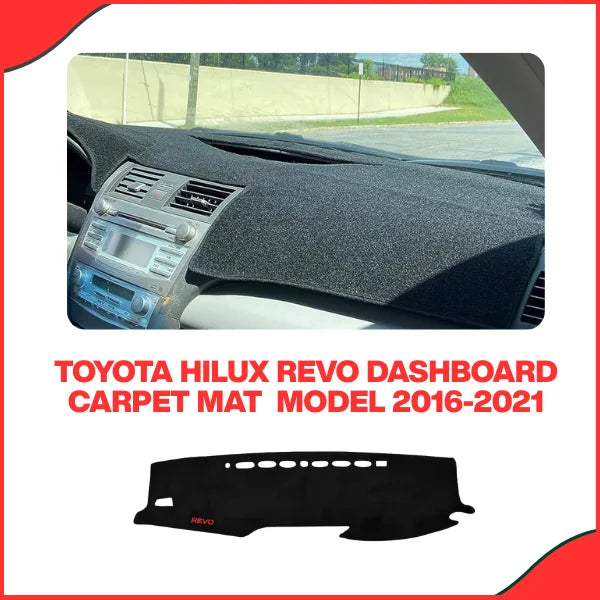 Installed view of the anti-glare Toyota Hilux Revo dash mat showcasing the precision fit and coverage around vents for the 2016-2021 model.