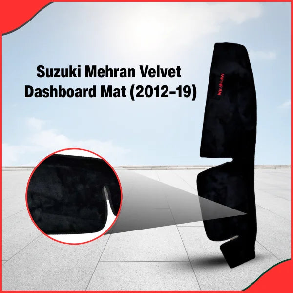 Close-up view of the Suzuki Mehran (2012-2019) black velvet dashboard mat, showing precise cutouts for the dashboard contours.