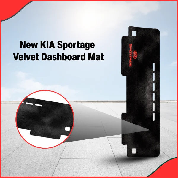 Close-up of the New KIA Sportage 2019-2024 black velvet dashboard carpet, showing precise cutouts for vents and sensors.