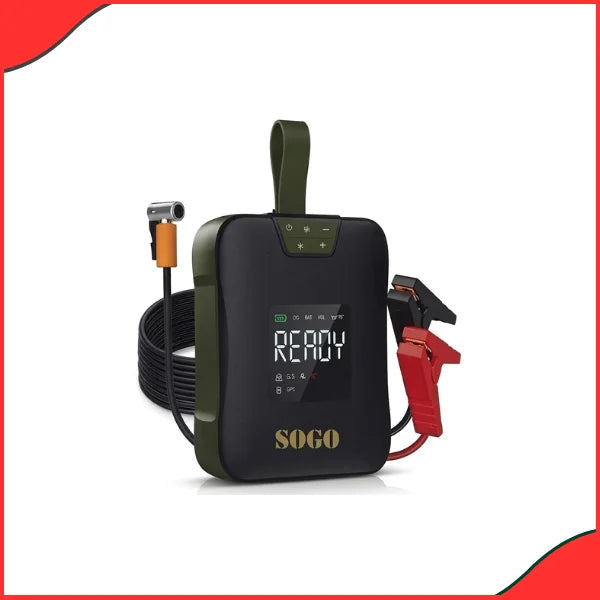 Close-up of Sogo S-767 Intelligent Digital Display showing PSI settings and battery status for emergency car jump starting