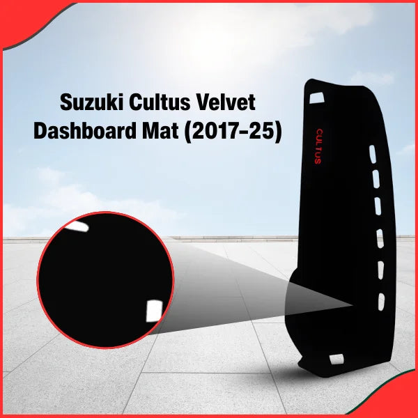 Close-up view of the Suzuki Cultus 2017-2025 velvet dashboard mat, showing precise cutouts for AC vents and sensors.