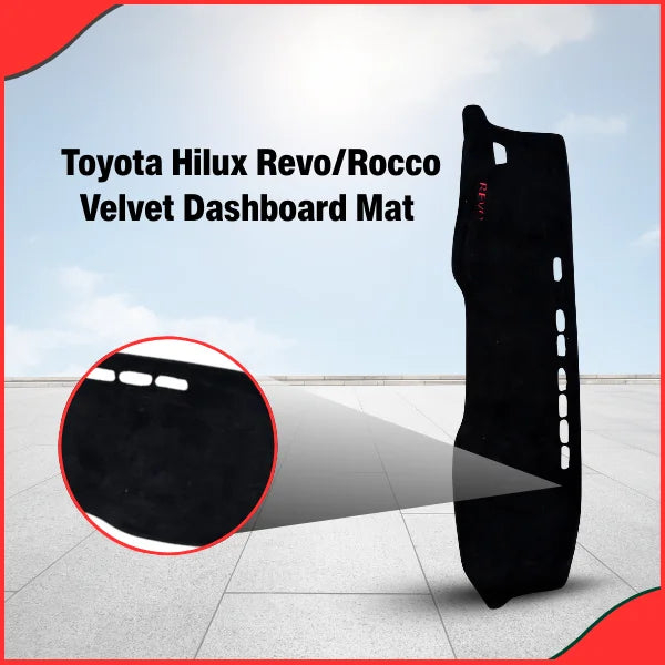 Close-up of the Black Velvet Dash Mat for Toyota Hilux Revo/Rocco, highlighting the anti-slip backing and precision cut for vents.