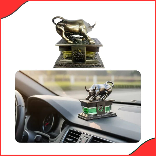 Wall Street Bull Car Air Freshener decorative sculpture installed on a car dashboard