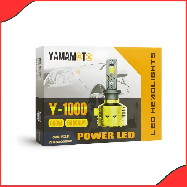 Yamamoto Y-1000 LED Headlight Kit showing H4, H11, and 9005 universal fitment adapters