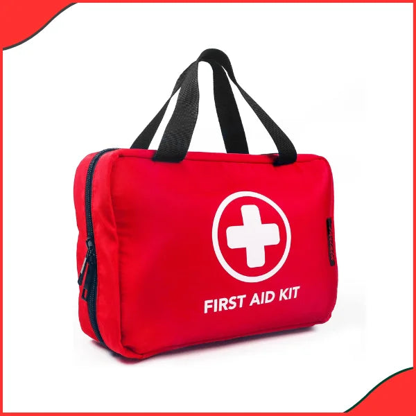 A full car emergency kit including jump starter cables, tow rope, warning triangle, and first aid supplies.