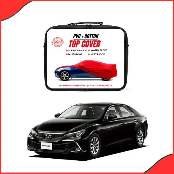 A selection of premium Toyota Mark X accessories, including a fitted car cover, LED headlight upgrade, and custom chrome styling trims.