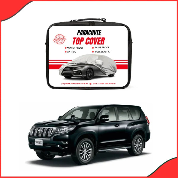 A luxury Toyota Prado featuring front body kits, Car Top Cover, Waterproof Covers, bright LED headlights, and premium exterior accessories in a professional showroom setting.