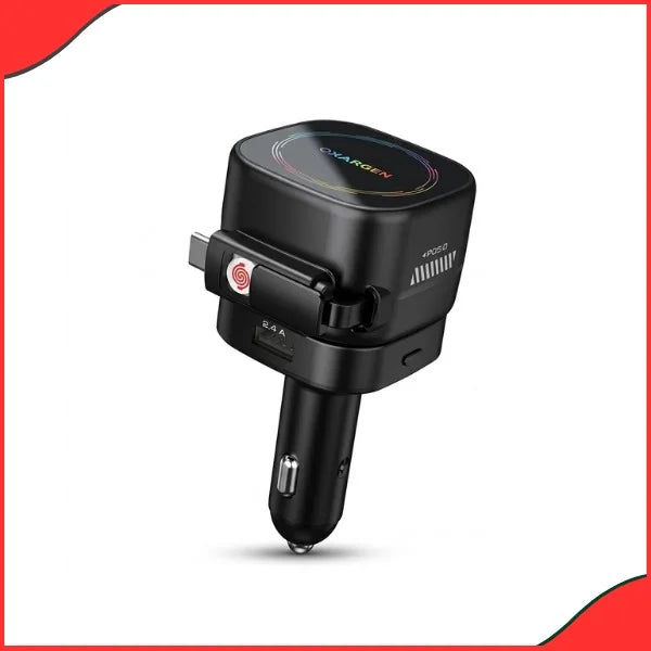 4-in-1 Retractable Fast Car Charger front view showcasing built-in cables and lighter