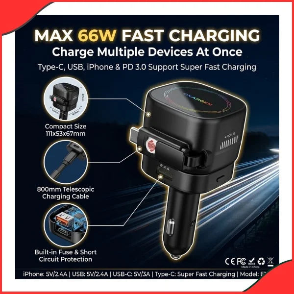 Max 66W Fast Charging car charger specifications including telescopic cable and circuit protection