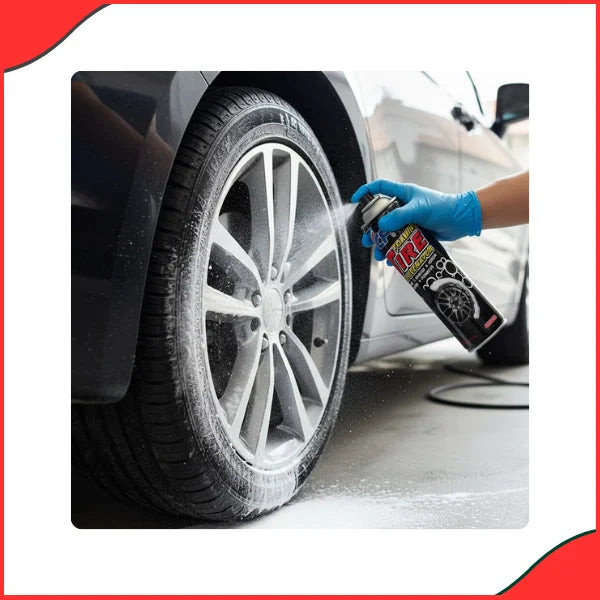 Tire foam cleaning road grime from tire for a deep black shine