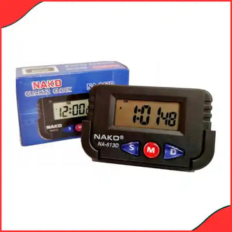Compact black multi-functional digital clock displaying the time and date, secured on a car dashboard.