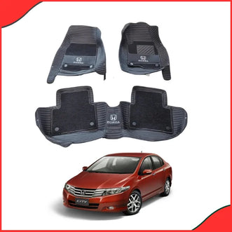Honda City 2008–2021 10D Floor Mats – Black with Grass Texture & Logo (3 Pcs Set)