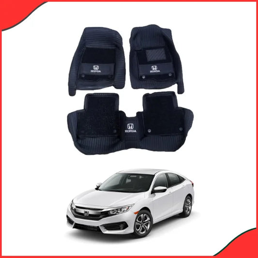 Honda Civic 2016–2023 10D Lining Floor Mats – Black with Grass Texture & Logo (3 Pcs Set) - best floor mats and 10D mats in pakistan