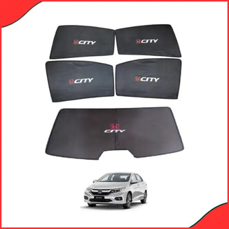 Complete 5-piece set of Honda City Sun Shades (2022-2023 model) designed for all side and rear windows, highlighting UV and heat protection.