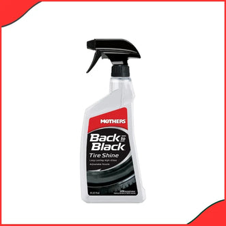 Mothers Back-To-Black Tire Shine 24oz bottle next to a car tire demonstrating the deep black, wet-look gloss finish.