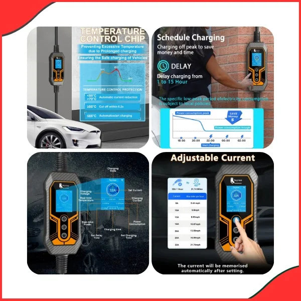 Overall view of Feyree 7KW 32A portable EV charger with LCD screen and WiFi app control – available in Pakistan