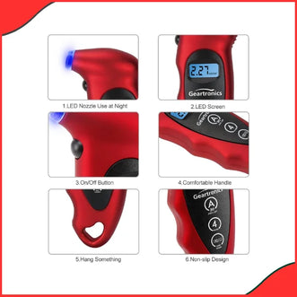 Red Digital Tire Pressure Monitor – Backlight LCD, Ergonomic Non-Skid Grip for Cars