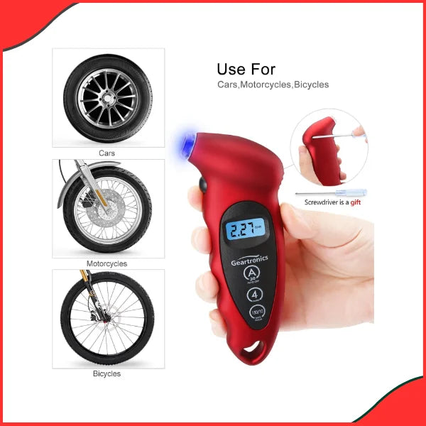 Red Digital Tire Pressure Monitor – Backlight LCD, Ergonomic Non-Skid Grip for Cars - New Brand