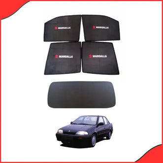 Custom-fit premium sun shades installed on the side and rear windows of a Suzuki Margalla 1992-1998 model, showing UV and heat protection.