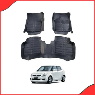 Installed Black 5D Custom Floor Mats (3-Piece Set) inside a Suzuki Swift (2010-2021) showing full coverage.