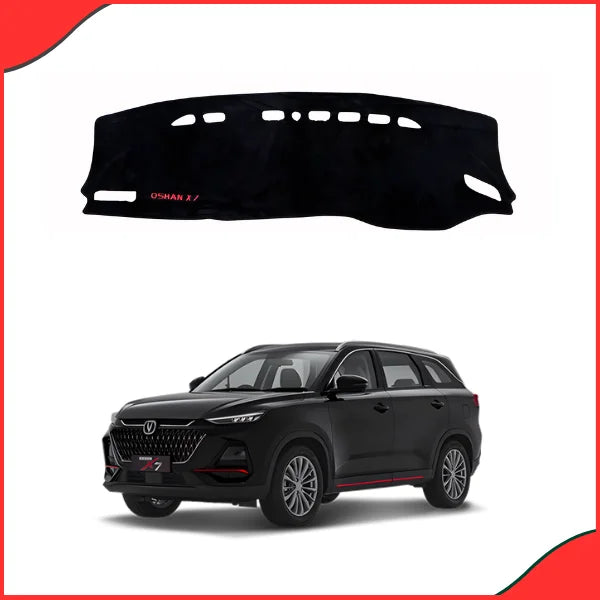 Custom-fit Black Velvet Dash Mat for Changan Oshan X7 (2022-2025), showing precise cutouts around the large display unit.