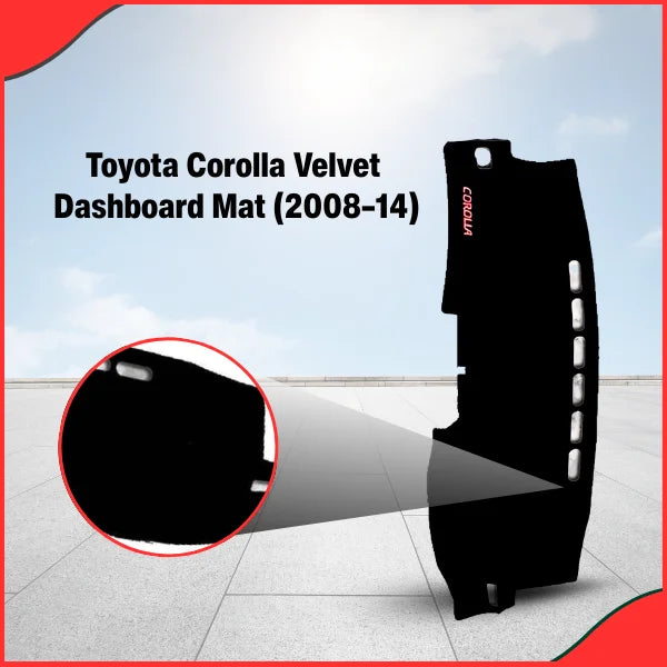 High-quality photo of the custom-cut black velvet dashboard mat for Toyota Corolla 2008-2014, highlighting the vents and sensor alignment.