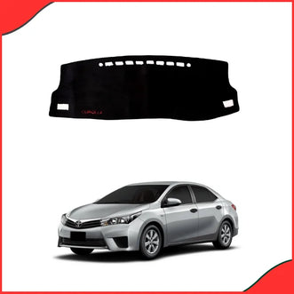 Detailed image of the anti-UV black velvet dashboard mat custom-fitted for the Toyota Corolla Grande 2014-2022 model, showing quality and texture.