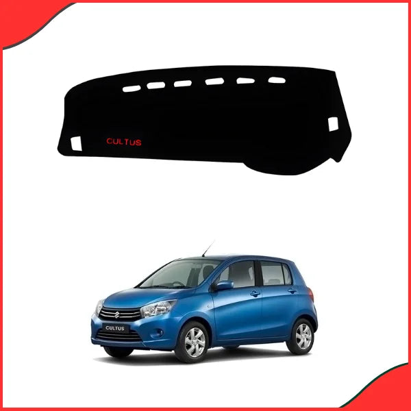 Suzuki Cultus interior showing the installed velvet dashboard mat, demonstrating glare reduction and dashboard protection against sun heat.