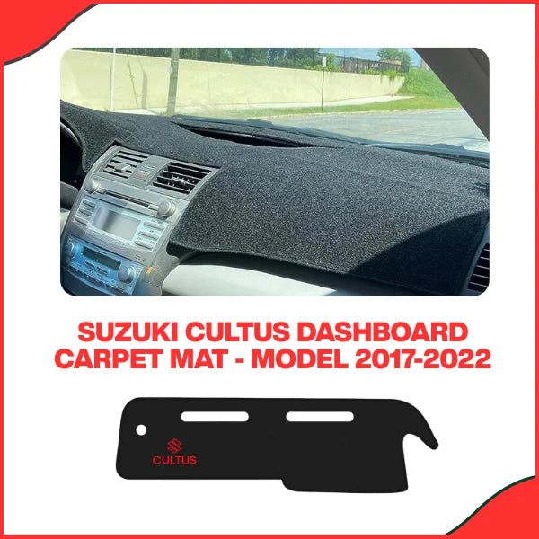 Installed view of the Suzuki Cultus dashboard mat (Carpet or Velvet) showcasing the precision anti-glare fit and full coverage around vents for the 2017-2022 model.