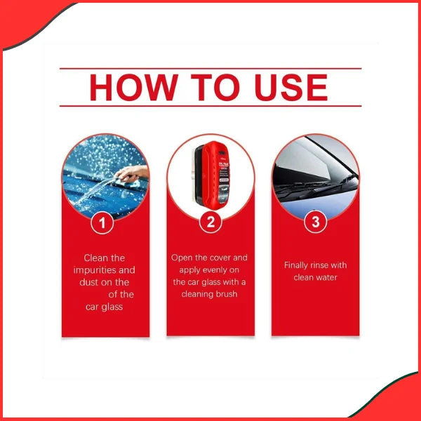 Step-by-step demonstration of using a brush to apply oil film remover on a car windshield for a clear view