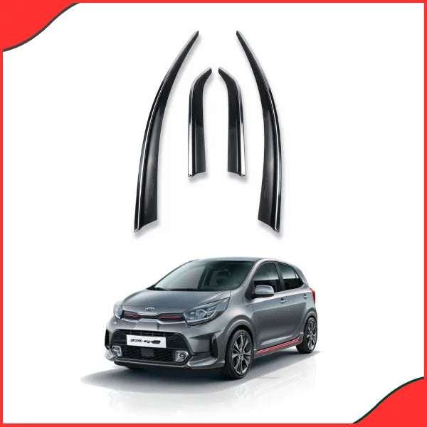 Full view of the KIA Picanto (2019-2021) with the Chrome Air Press Sun Visors installed, showcasing the precision fit and integrated chrome trim