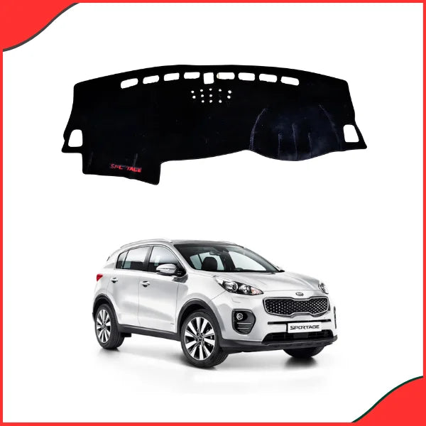KIA Sportage interior showing the installed black dashboard carpet effectively reducing sunlight glare on the windshield for safer driving.