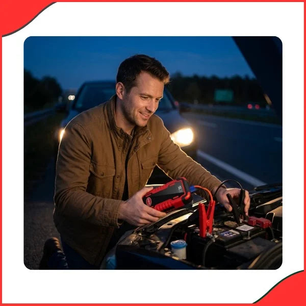 Complete kit of Bugatti X7 car jump starter including power bank unit, heavy-duty jumper cables, and tire inflator pump from pakistanmotors.pk.