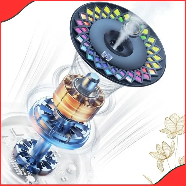 Exploded view of the Maxwell Evo Scent car diffuser showing high-frequency atomization motor and colorful LED ring core