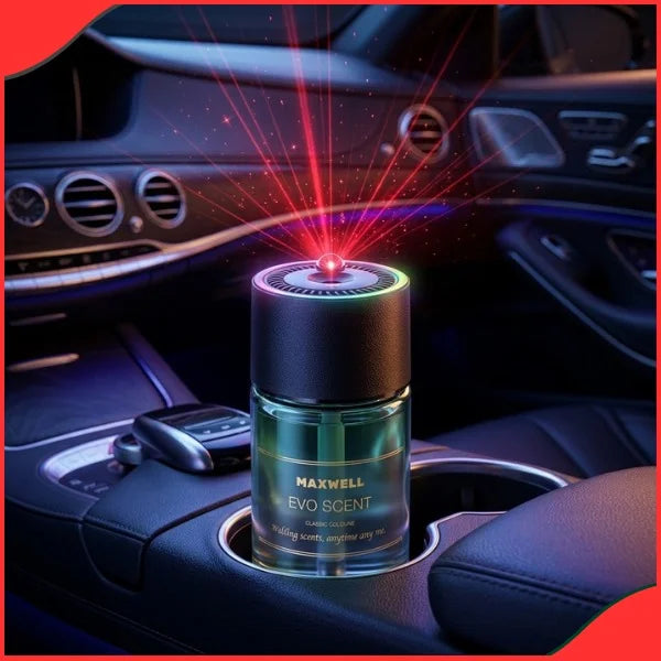 Maxwell Evo Scent car air freshener placed in a vehicle cup holder projecting a red laser starry sky light effect
