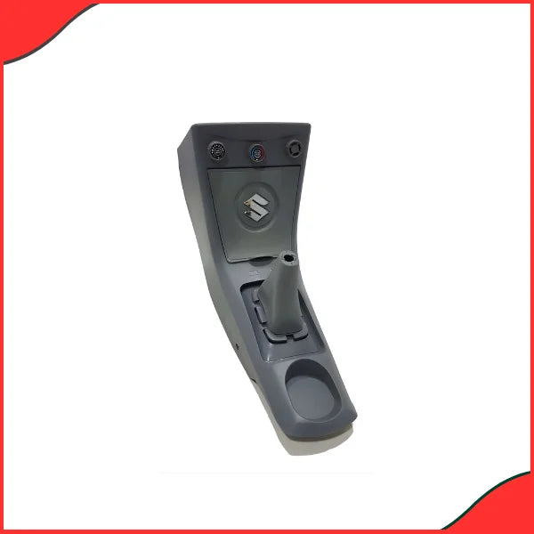 Close-up of the Grey Console Box for the Suzuki Mehran, highlighting the integrated storage compartment and comfortable armrest surface.