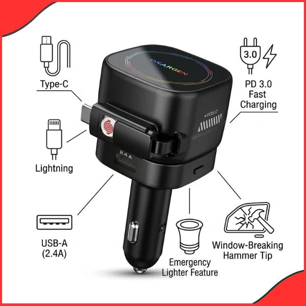Multi-function car charger features showing Type-C, Lightning, USB-A ports, and emergency window hammer tip