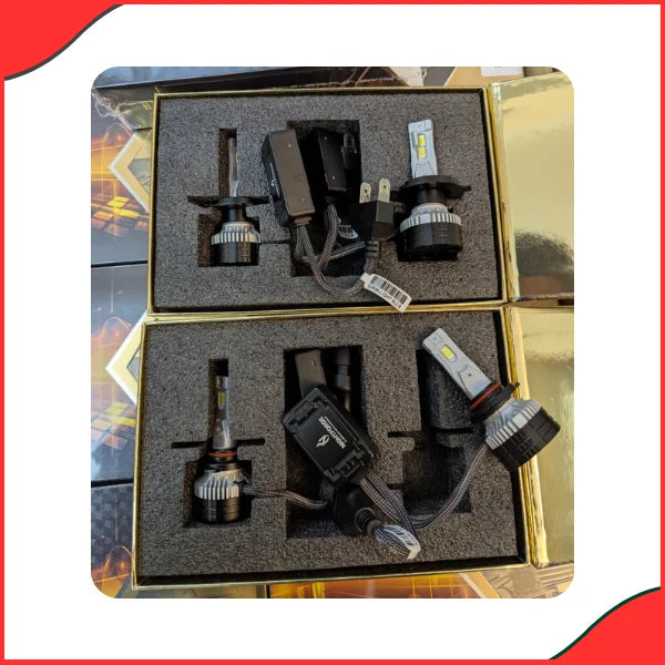 Close-up of the NightForge LED bulb showing the heat sink and plug-and-play connector for easy installation.