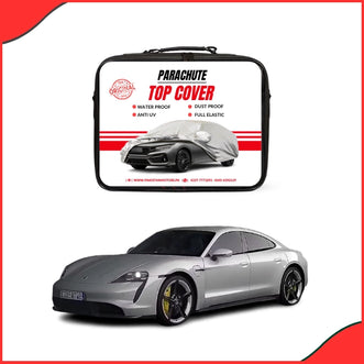 Porsche Taycan Water Resistant Parachute Top Cover fitted on electric sports car - front view