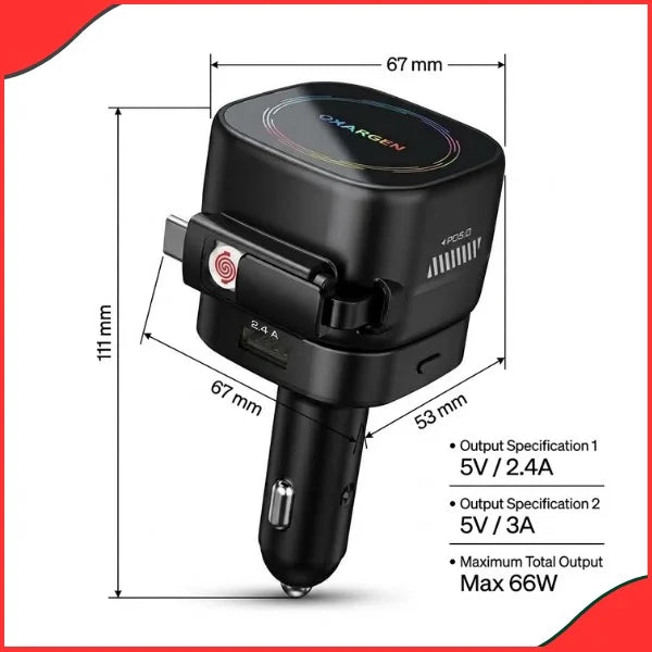Dimensions and power specifications layout of the 66W retractable fast car charger
