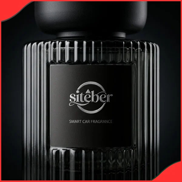 Close-up view of the Siteber smart car fragrance black container bottle and logo