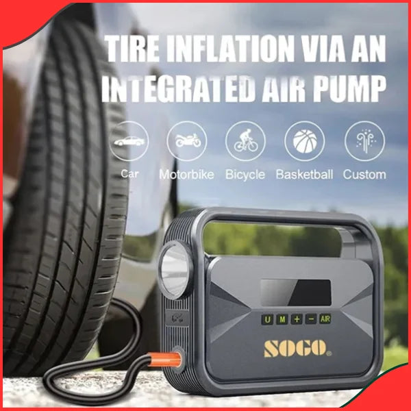 Technical view of Sogo P008 10,000mAh portable tire inflator and heavy duty car battery booster showing digital display and 2000A peak current capability.