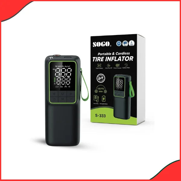 Sogo S-333 Portable Tire Inflator with 150 PSI Digital Display and Cordless Air Pump for Cars and Bikes.