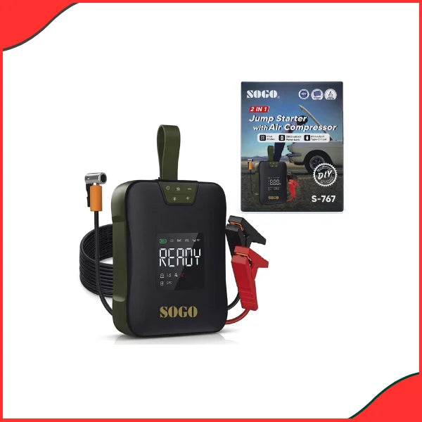 Sogo S-767 2-in-1 Portable Car Jump Starter and 150 PSI Digital Air Compressor with Jumper Cables and Emergency LED Light