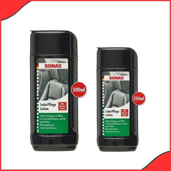  Sonax leather care lotion available in 250ml and 500ml sizes for car detailing