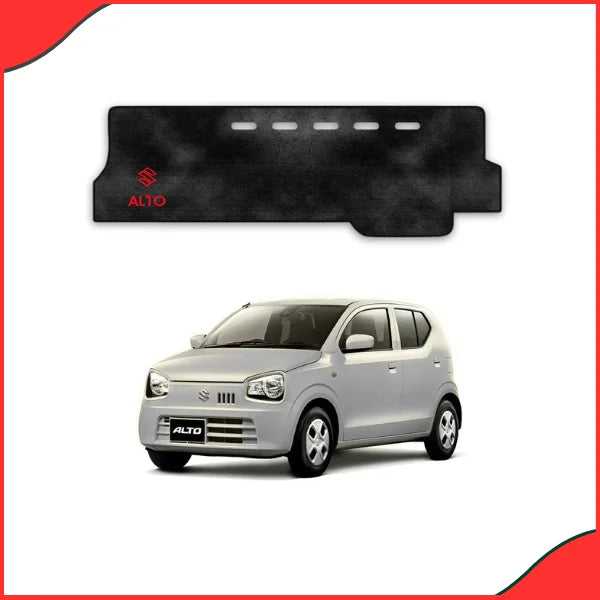 Comparison image showing the three textures of the Suzuki Alto (2019-2021) dashboard mats: 7D mat, Carpet, and Velvet, highlighting material choice.