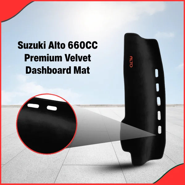 Close-up view of the Suzuki Alto 660cc premium velvet dashboard mat, showing precise cutouts for vents.