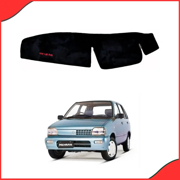 Installed velvet dashboard mat in the Suzuki Mehran 2012-2019 interior, demonstrating glare reduction and heat protection for the dashboard.
